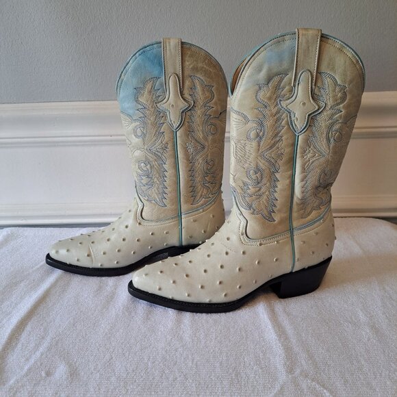 Mens Ostrich Imitation Western Rodeo Leather Boots white and‎ Blue Size 3.5 - Picture 3 of 16